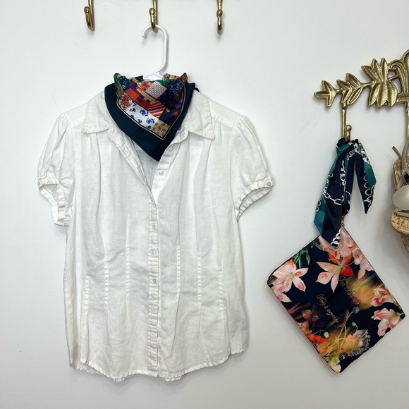 100% linen White short sleeve blouse with tailored chic look M - Picture 6 of 6